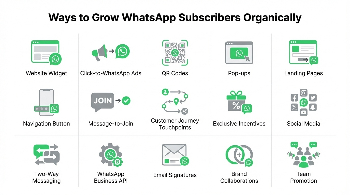 Infographic showing organic strategies to grow WhatsApp subscribers